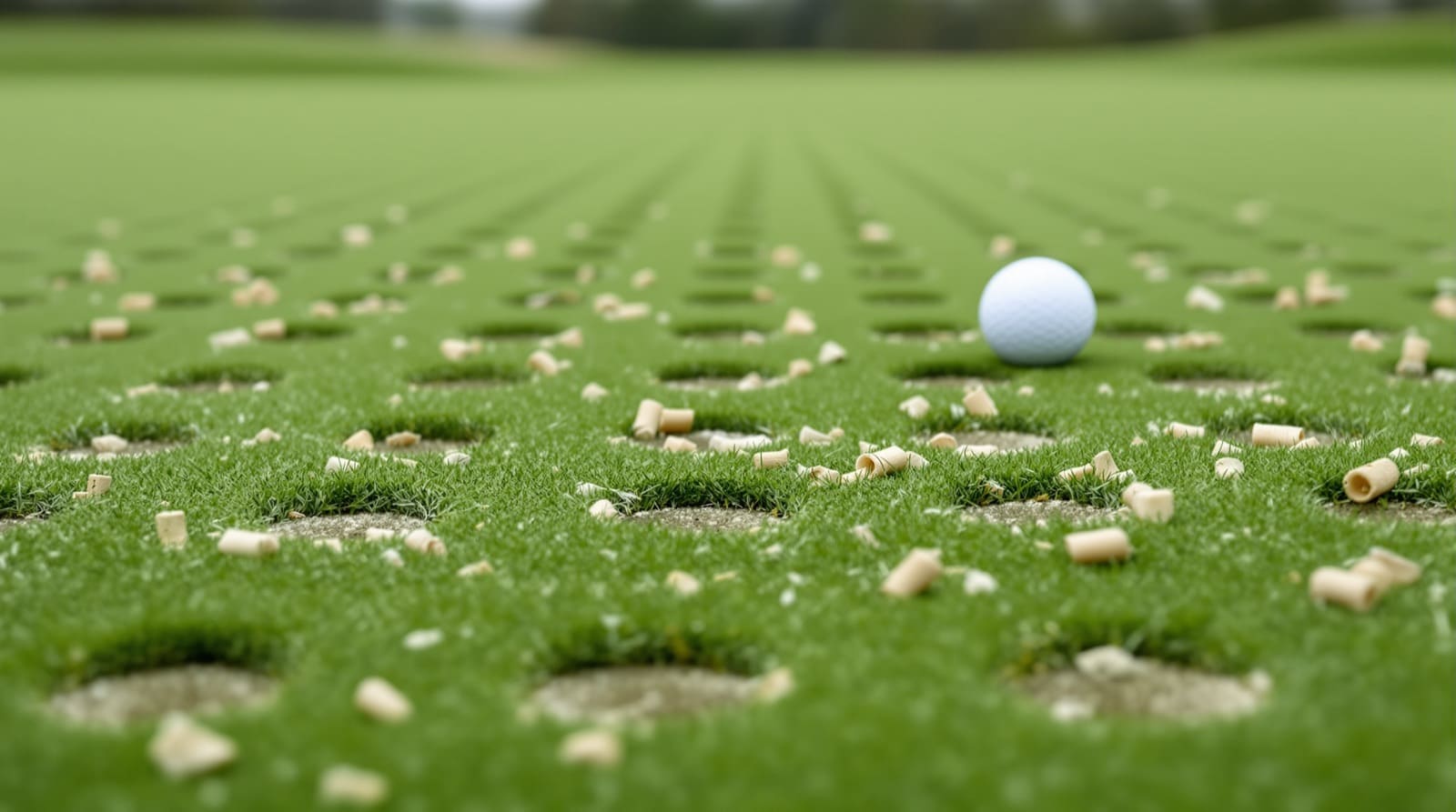 A freshly cored putting green shot low to the turf: rows of aeration holes recede across mown stripes, pale soil cores lie scattered over the surface, and a plain white golf ball rests among them under flat overcast light.