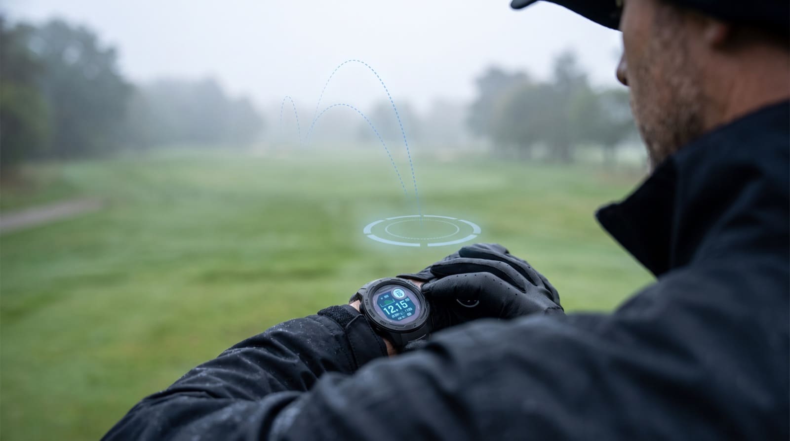 A golfer checking a club recommendation on a watch at the fairway edge, with GPS course lines suggesting an AI caddie's target zones.