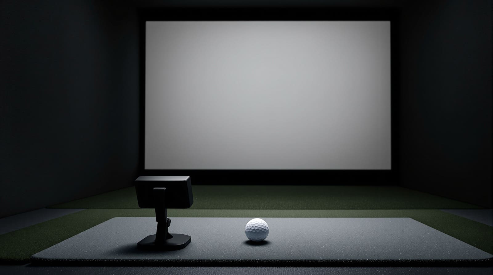 A dark home golf simulator bay photographed head-on: a small matte-black launch monitor stands on a grey hitting mat a short distance behind a single white golf ball, facing a large blank pale impact screen a few feet ahead, with the narrow side walls of the room closing in on both sides.