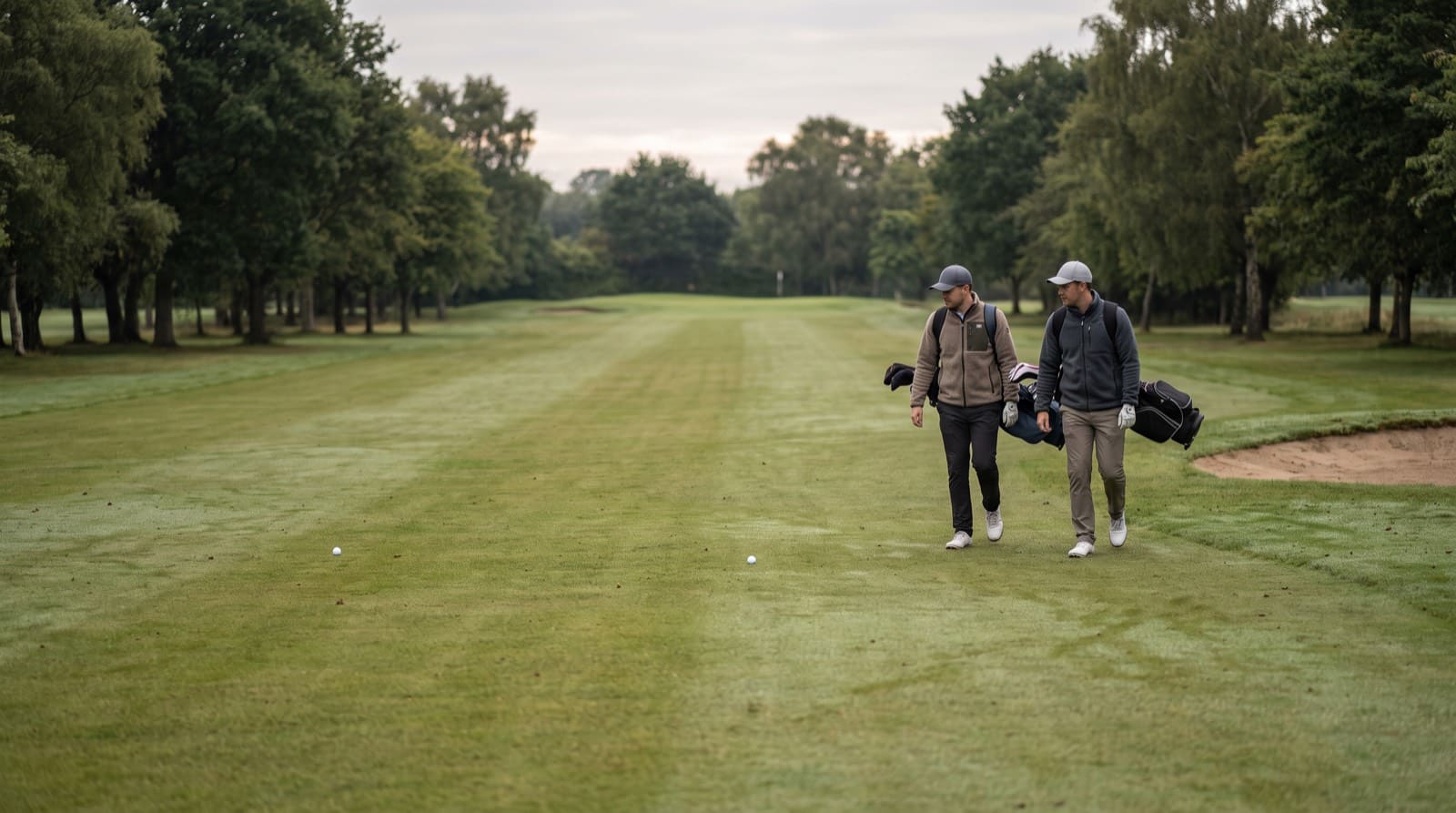 Two golfers walking side by side up a wide striped fairway toward a distant green under flat overcast light, each with a stand bag on their shoulder, and two golf balls at rest well apart from one another on the grass ahead of them, tree lines down both sides and a bunker at the right edge
