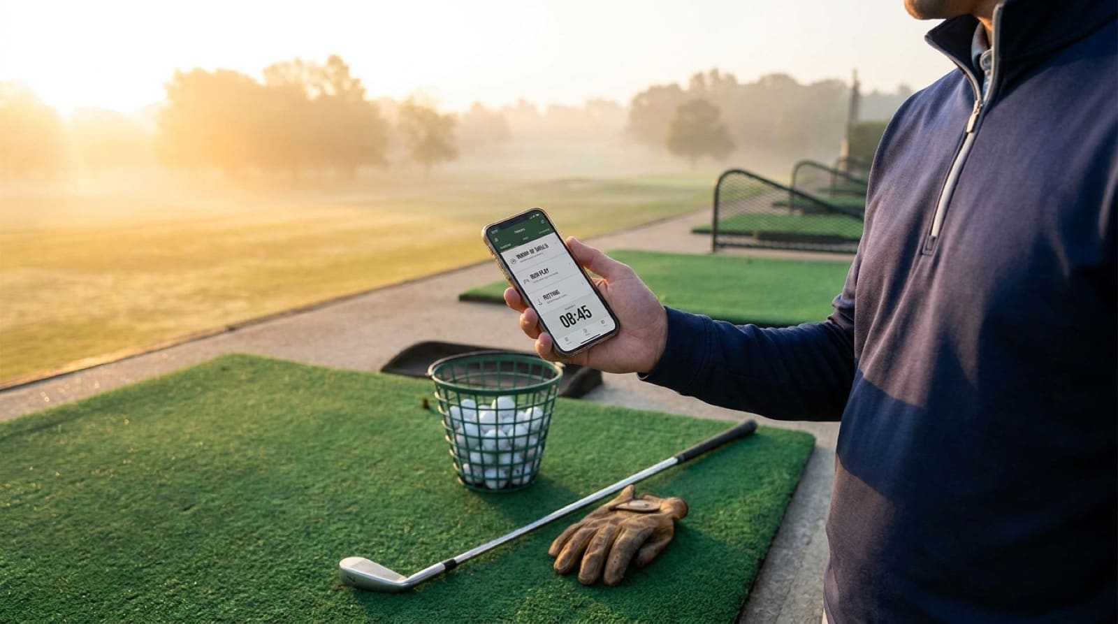 A golfer at a driving range bay holding a phone showing a structured practice plan, clubs and a range basket beside them, other bays blurred behind