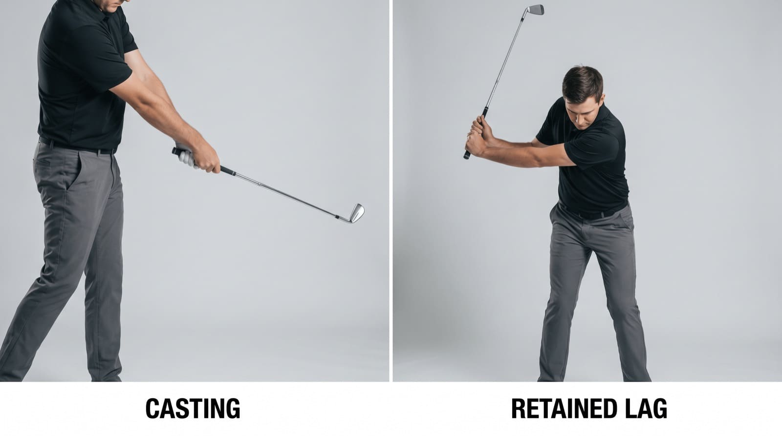 Down-the-line comparison of two golfers with the lead arm parallel to the ground in the downswing: on the left, casting, where the club shaft has already straightened into line with the lead arm and the clubhead is passing the hands; on the right, retained lag, where the lead arm and shaft still form a sharp angle and the grip end leads toward the ball.
