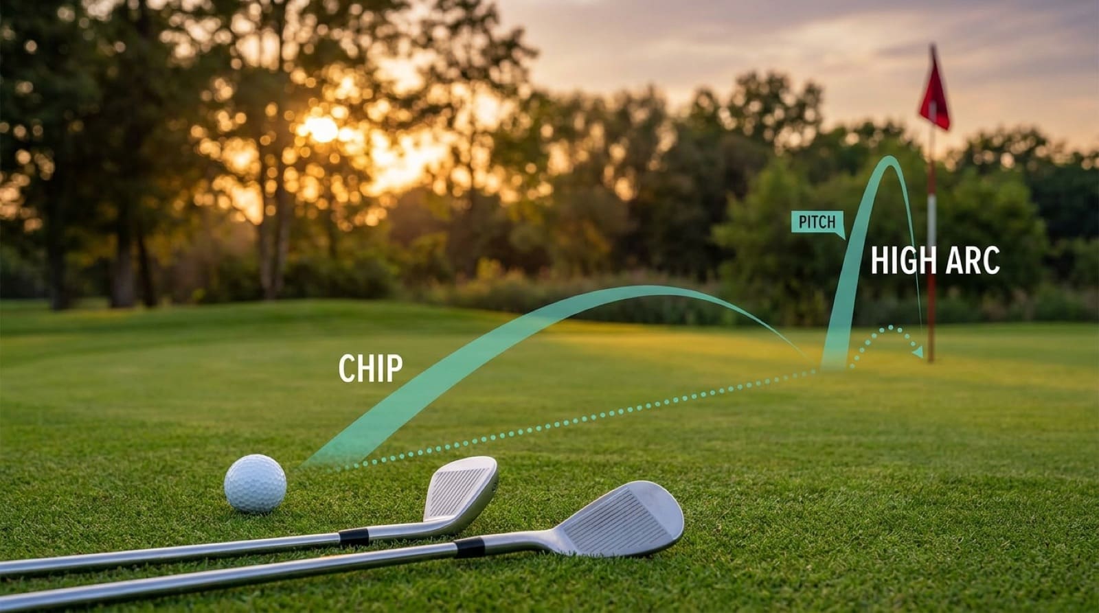 Two ball-flight arcs overlaid on a golf green at sunset: a lower, flatter arc labelled CHIP that lands short and runs a long dotted roll line toward the flag, and a steep, near-vertical arc labelled PITCH that carries almost to the flag and stops with almost no roll. A mid-iron and a lofted wedge rest on the turf beside the ball.