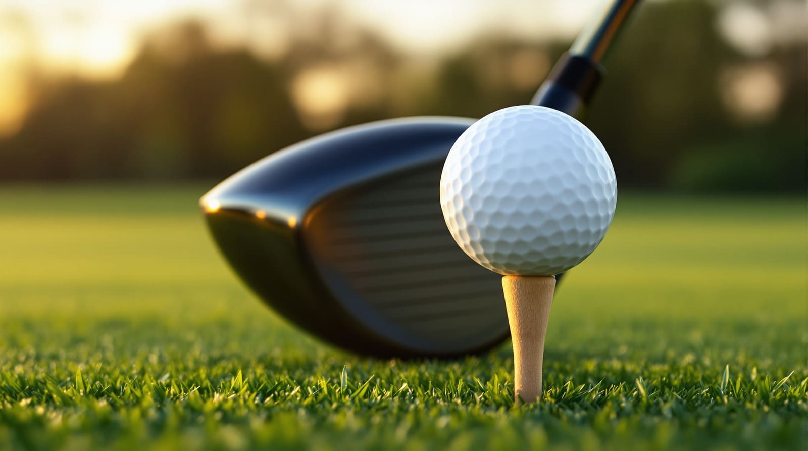 A large modern driver head soled on close-mown turf directly behind a white golf ball on a wooden tee, its lofted face lit by low golden evening sunlight.