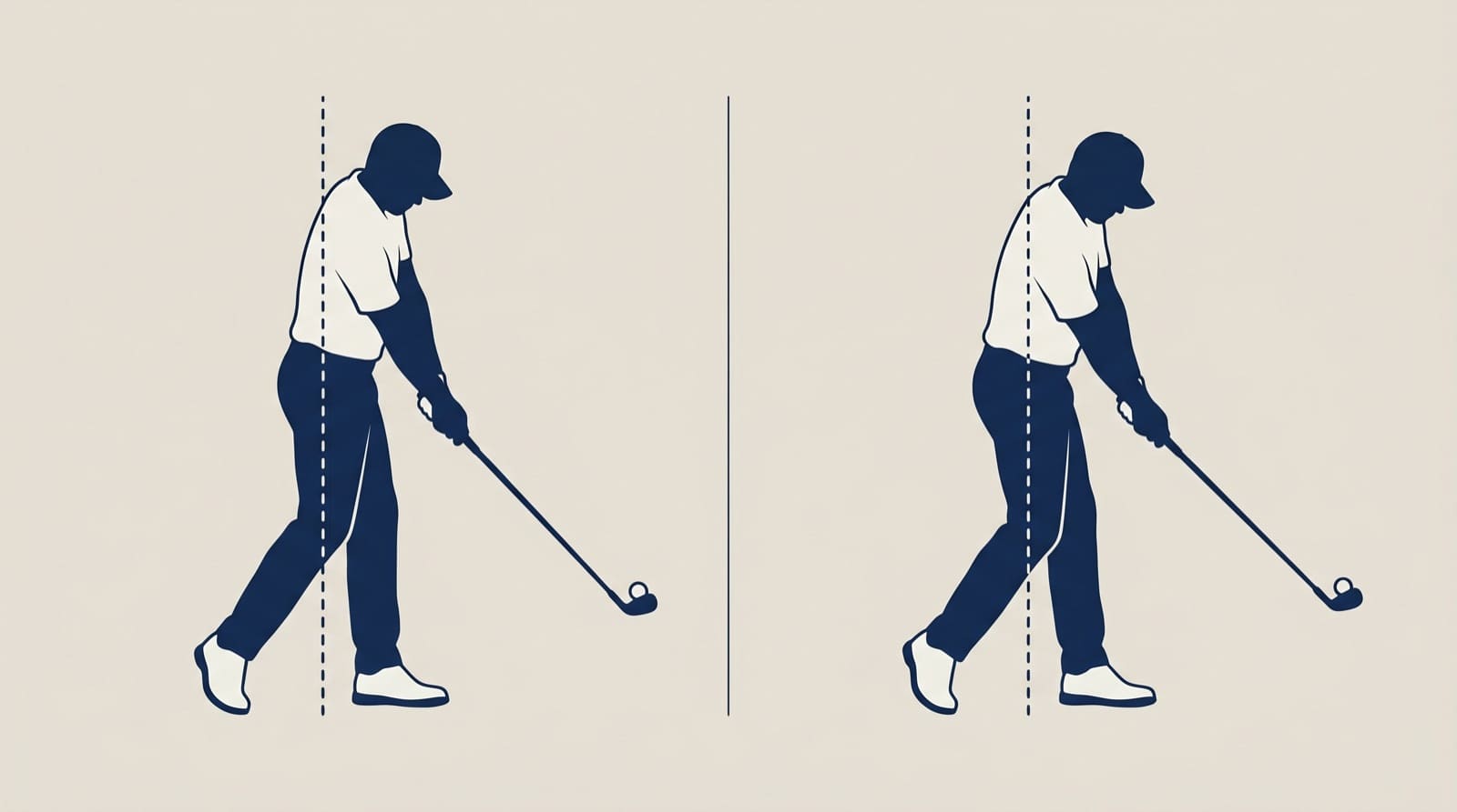 Down-the-line comparison of two golfers at impact: on the left, early extension with the pelvis thrust toward the ball and the spine standing up out of posture, crossing a belt line drawn at address; on the right, retained posture with the pelvis rotated back and the spine angle held.