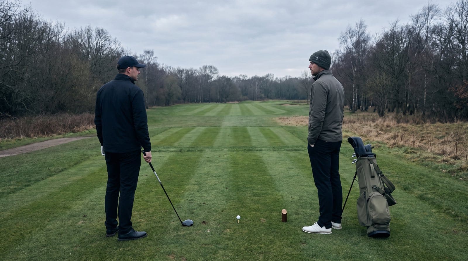 Two golfers standing apart on either side of a tee box under flat overcast light, one resting a driver head on the turf and the other facing him with hands in pockets, with a single golf ball teed up on the ground between them, an olive stand bag at the right, and a striped fairway running away between bare winter tree lines