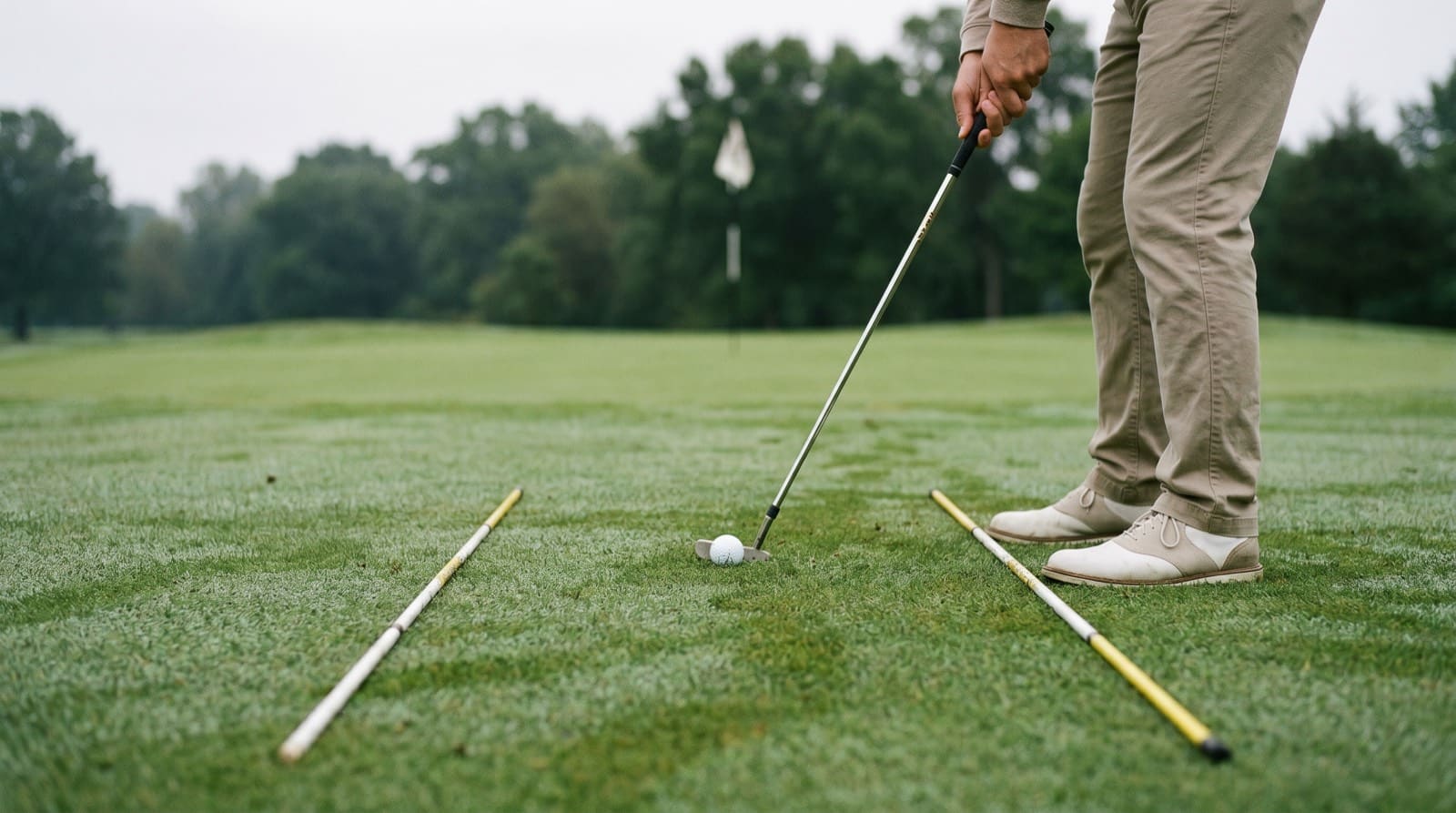 A right-handed golfer at address with two alignment sticks on the ground, one on the target line through the ball and one parallel along the toes, showing the railroad-track setup.