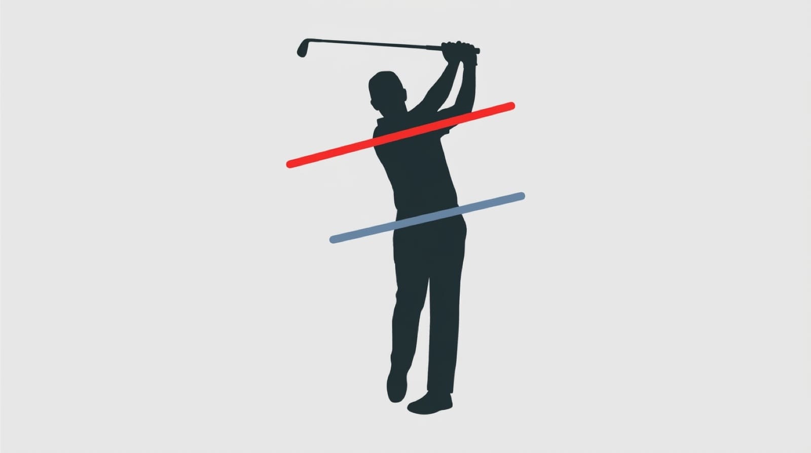 A side-on silhouette of a golfer at the top of the backswing, overlaid with a line across the shoulders turned about 90 degrees and a line across the hips turned about 45 degrees, illustrating the 45-degree X-factor separation between them.