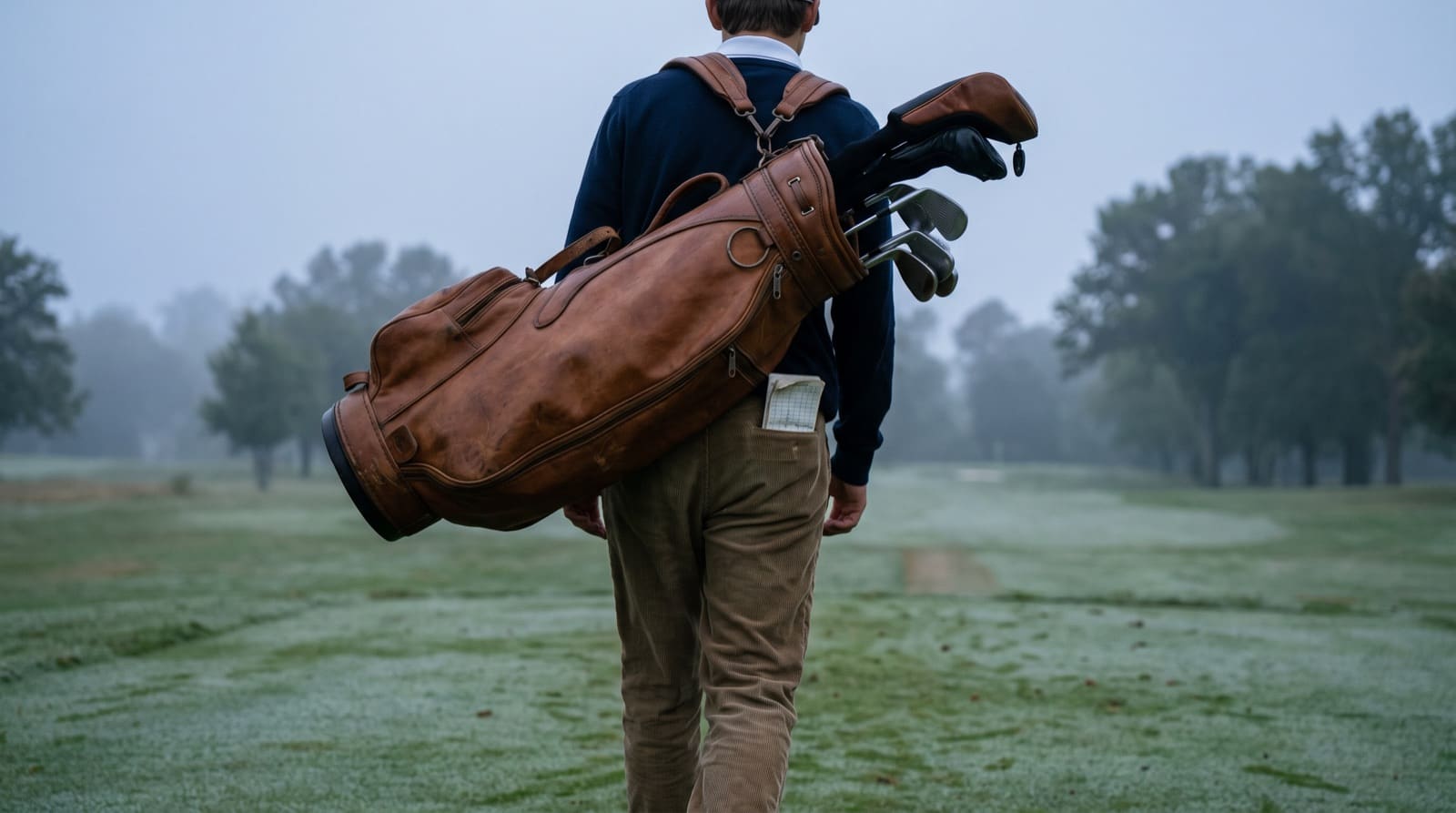 A young caddie carrying a tour bag down a fairway at sunrise, yardage book in the back pocket.