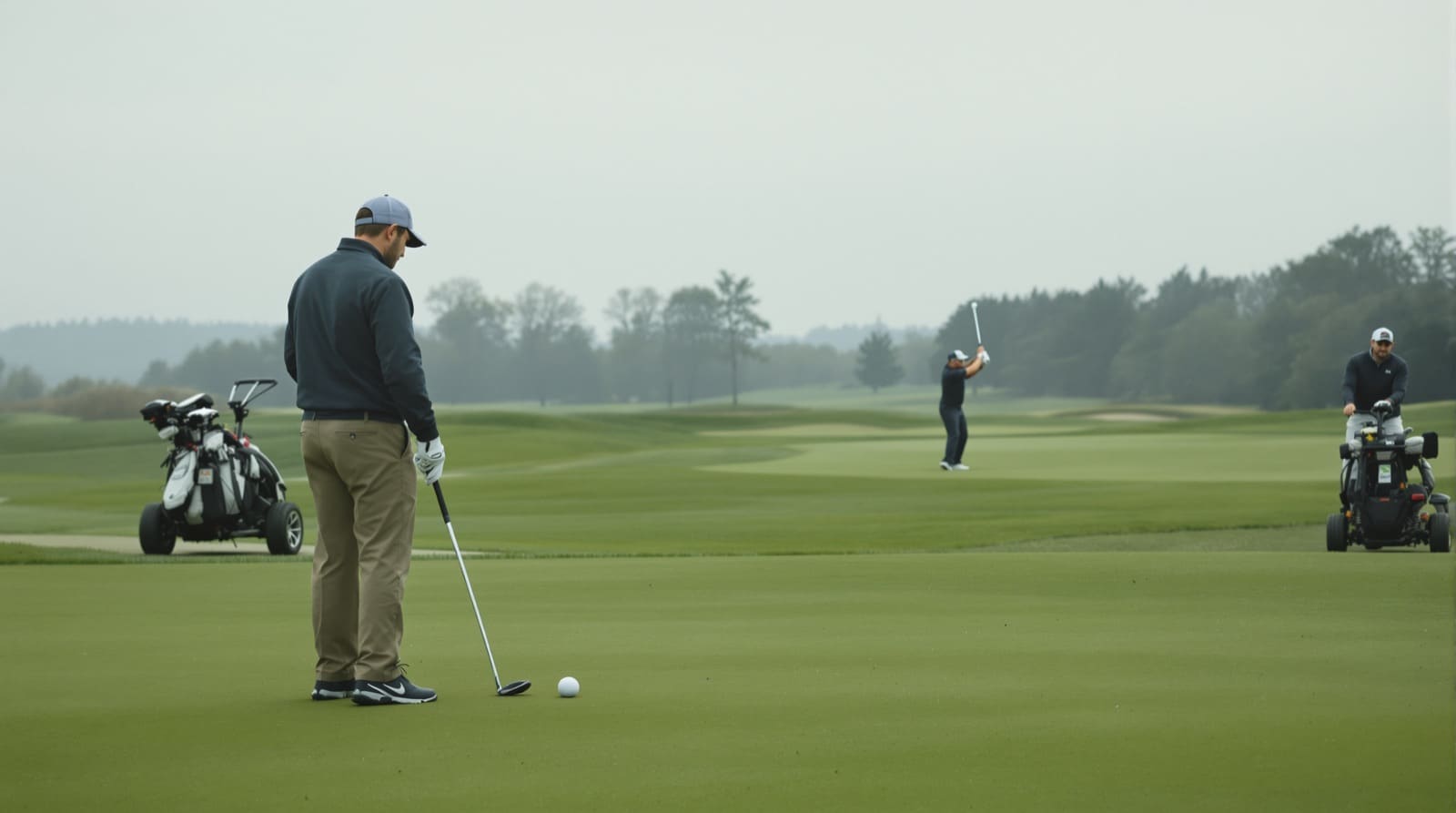 A golfer standing ready over their ball on an overcast fairway, glove on and club chosen, while a playing partner farther up the hole makes their swing and a push cart waits beside the walking line.