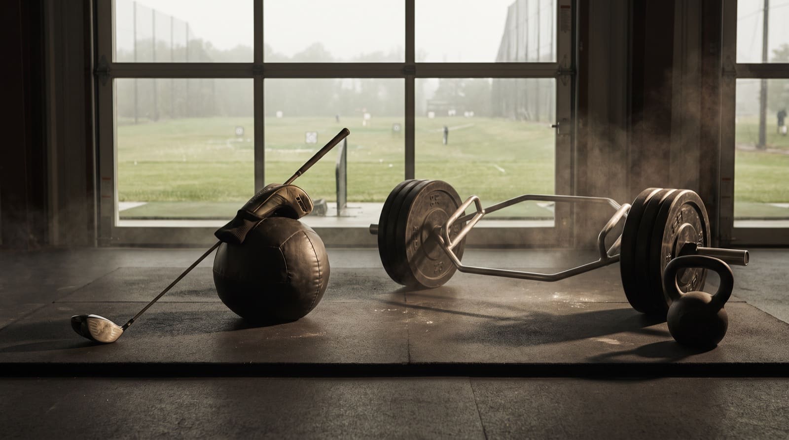 A golf driver leaning against a medicine ball beside a loaded trap bar and kettlebell on a gym floor, with a driving range visible through the window behind them.