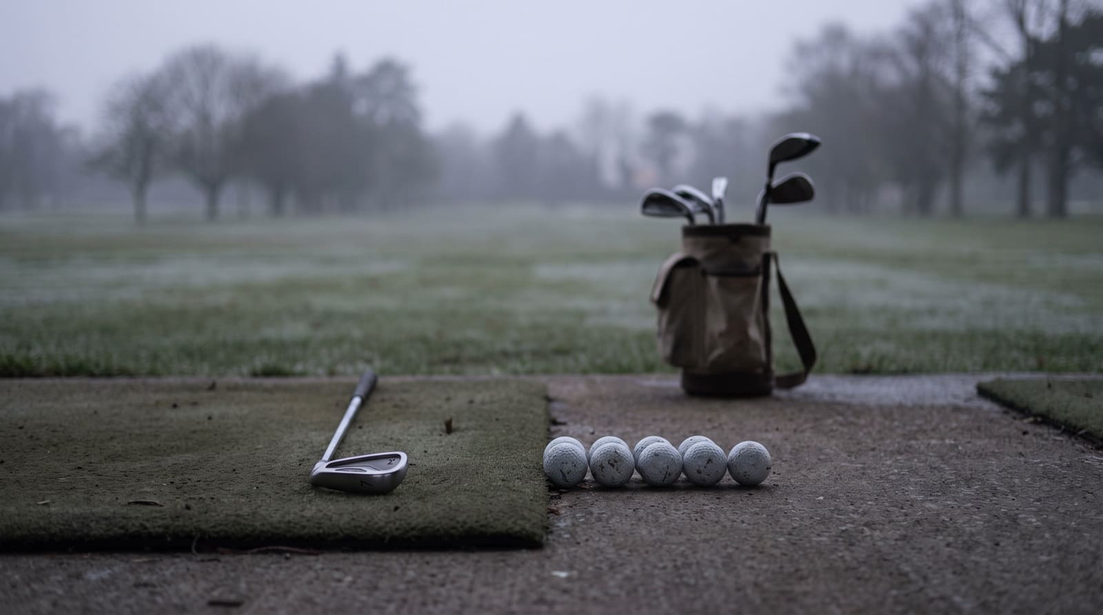 A misty, empty practice range at first light: one unbranded iron lying on a worn green tee mat with a neat row of five balls beside it, and a small tan carry bag holding only a handful of clubs standing a few paces behind on the frosted grass