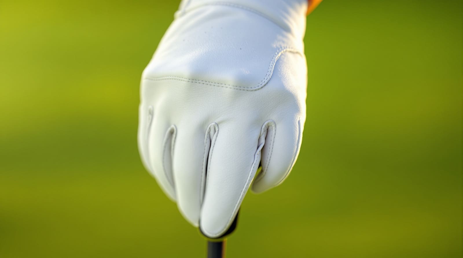 A white cabretta leather golf glove worn on a hand resting over the top of a vertical club grip, shot close-up against a blurred green background. The leather is smooth and taut across the back of the hand with the seams between the fingers and the stitched saddle panel clearly visible.