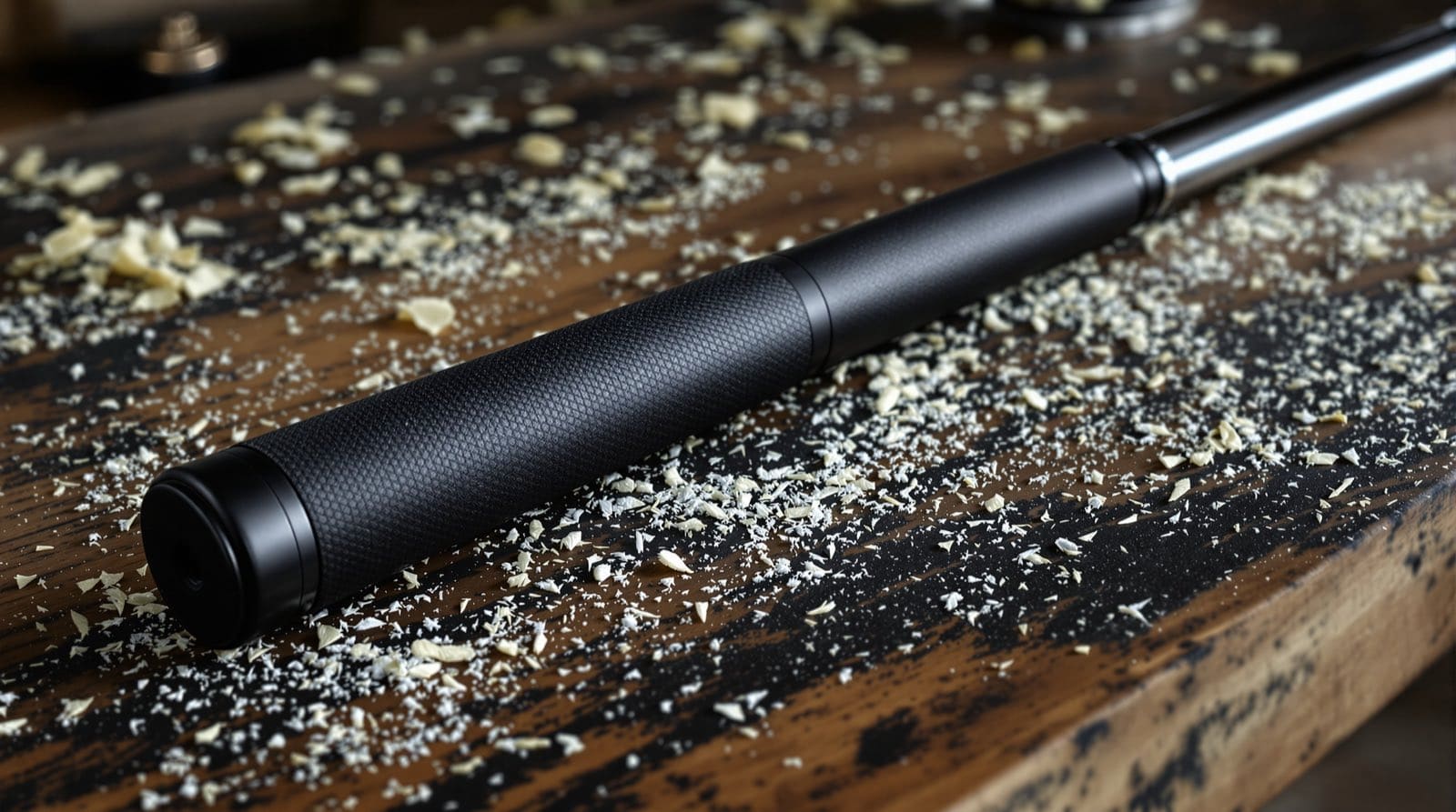 A black golf grip on a club shaft lying diagonally across a scarred wooden workbench scattered with rubber shavings. The flat butt cap and its small centre vent hole are sharp in the foreground, a diamond-knurled lower-hand section runs up to a smoother satin upper section, and the bare chrome steel shaft catches a bright highlight as it leaves the frame.