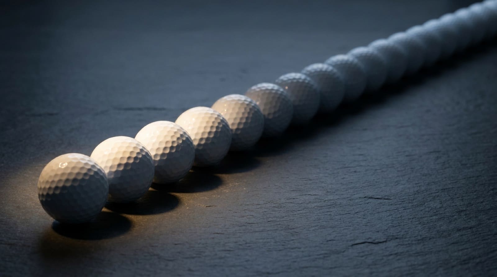 A row of twenty golf balls receding across dark slate, the nearest eight lit by a single focused beam while the rest fall into shadow