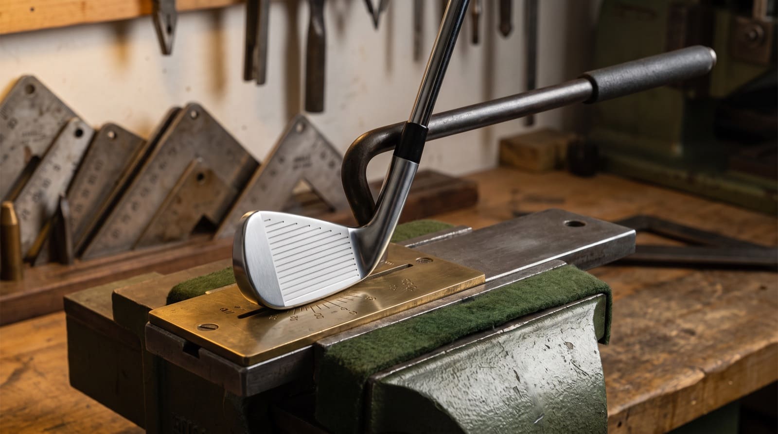 A chrome golf iron resting sole-down on a brass angle gauge plate clamped in a green bench vise, with a steel bending bar hooked over the hosel and a rack of numbered lie gauges and hanging clubmaking tools blurred on the workbench behind it.