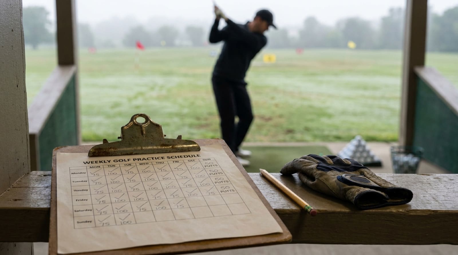 A printed weekly golf practice schedule on a clipboard at a driving range bay, pencil and glove beside it, a golfer mid-swing on the misty range behind