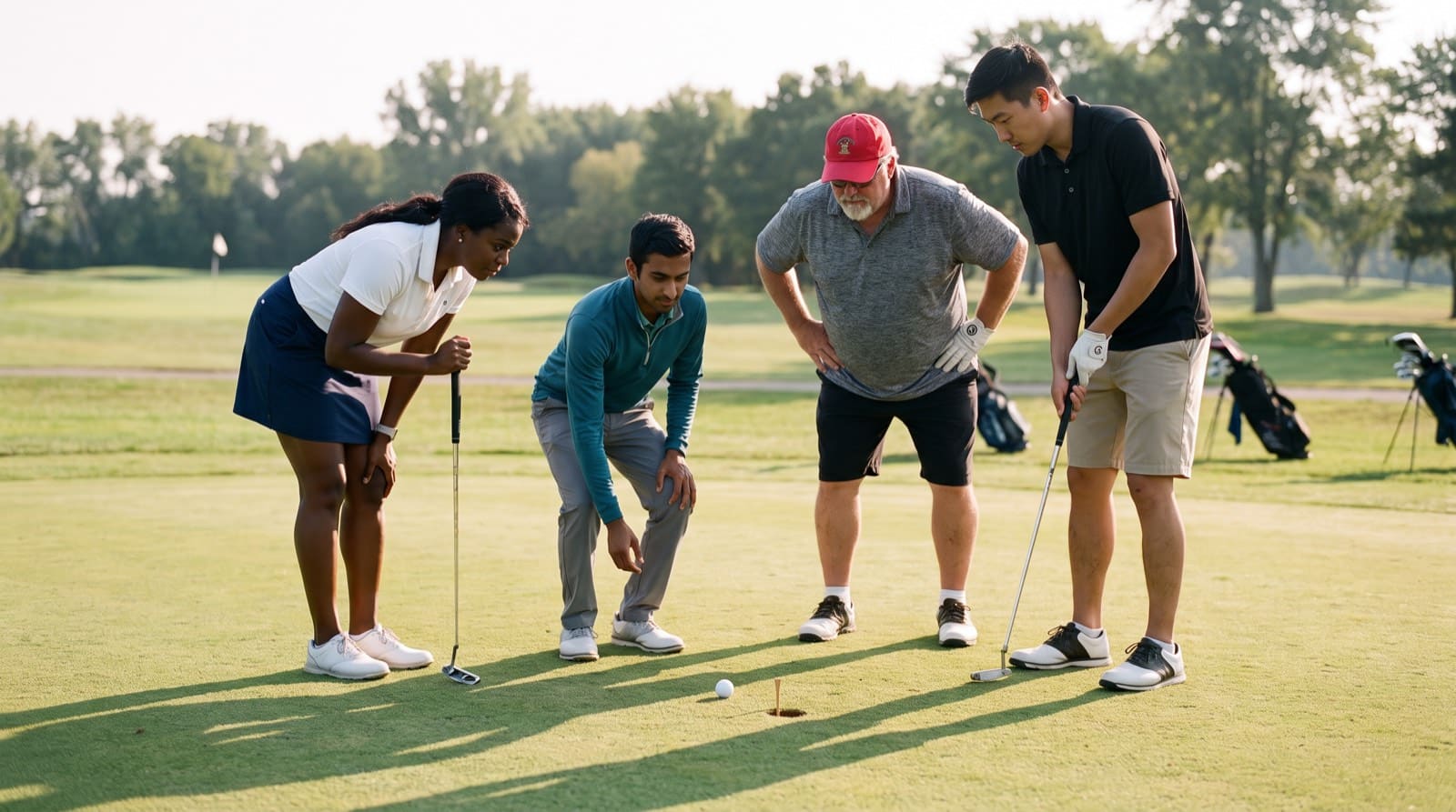 A four-person scramble team of mixed ages and builds, one woman and three men, clustered in a semicircle and all looking down at a single golf ball with a tee pushed into the turf beside it marking its spot, their bags parked behind them in late-afternoon light