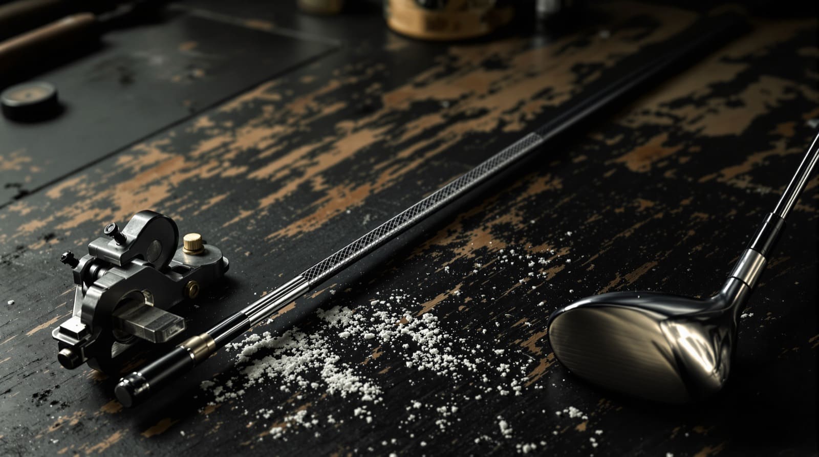 A heavily worn near-black workbench with tan paint scuffed through it, lit low and warm from the side. At the left a small steel-and-black clamp fixture with a brass thumbscrew grips the butt end of a matte black golf shaft, which runs diagonally away to the upper right with a knurled textured section along its middle. White dust is scattered across the bench between them, and a polished chrome driver clubhead on a bare steel shaft sits sharp in the lower right foreground.