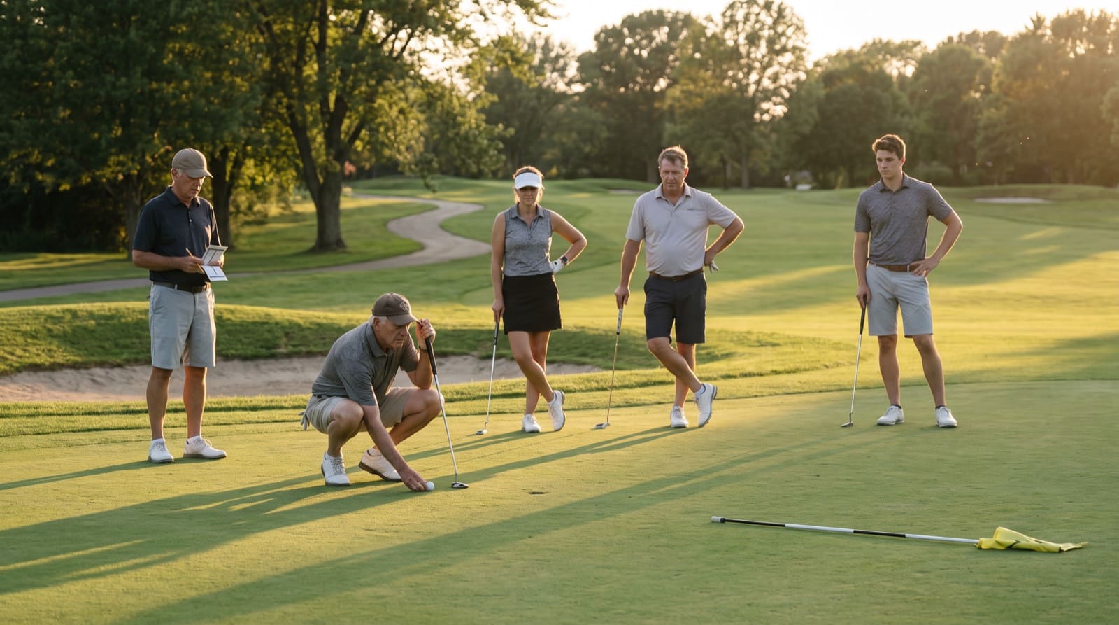A group of golfers of mixed ages on a green in low late-afternoon light with long shadows across the grass, one crouched behind a ball reading a putt while the others stand back watching with putters in hand, one of them holding a scorecard and pencil, and the flagstick laid on the green in the foreground