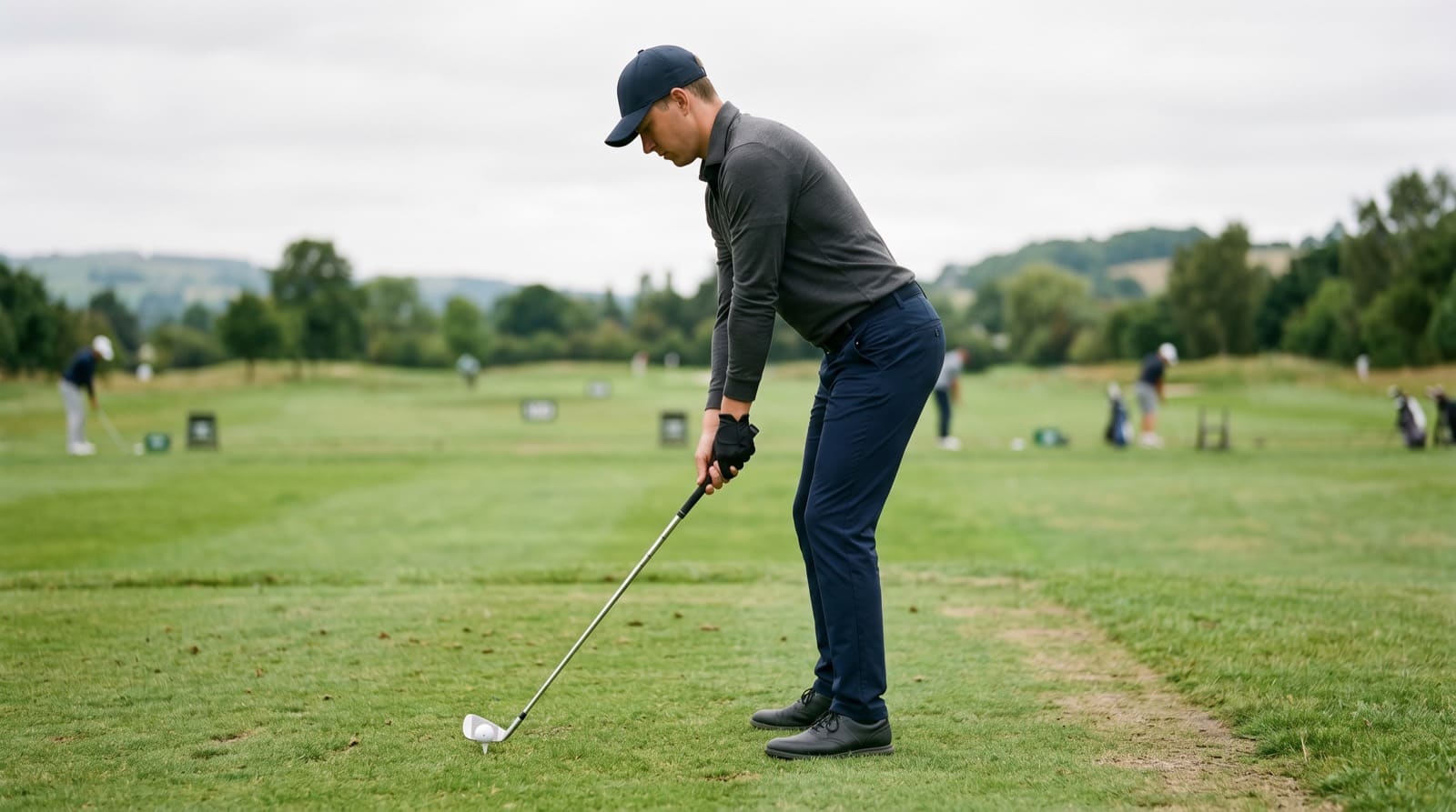 A golfer at address showing athletic posture: hips hinged, spine neutral, knees lightly flexed, arms hanging under the shoulders.
