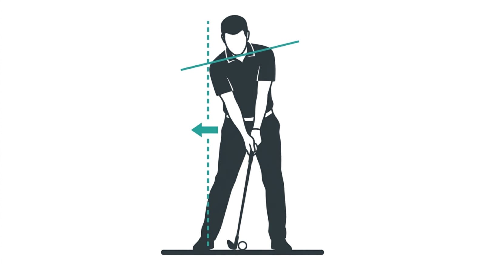 Face-on diagram of a golfer frozen at impact, annotated with the two measurable checkpoints: an arrow at the pelvis showing lateral hip shift toward the target relative to a dashed address-position line, labeled with GOLFTEC's 1.6-inch professional impact benchmark, and an angled line across the shoulders showing the trail shoulder sitting visibly lower than the lead shoulder, labeled as the 39-degree shoulder tilt that 30-handicaps miss by about 16 degrees. The clubshaft leans toward the target with hands ahead of the ball.