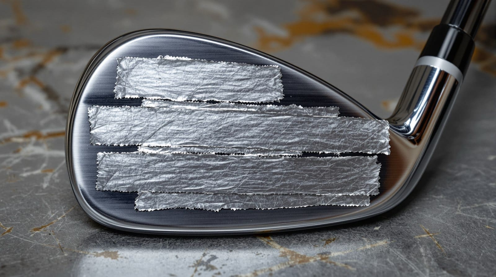 Several hand-torn strips of crinkled silver lead tape stuck in overlapping rows across the back of a chrome forged golf iron on a scratched workbench.