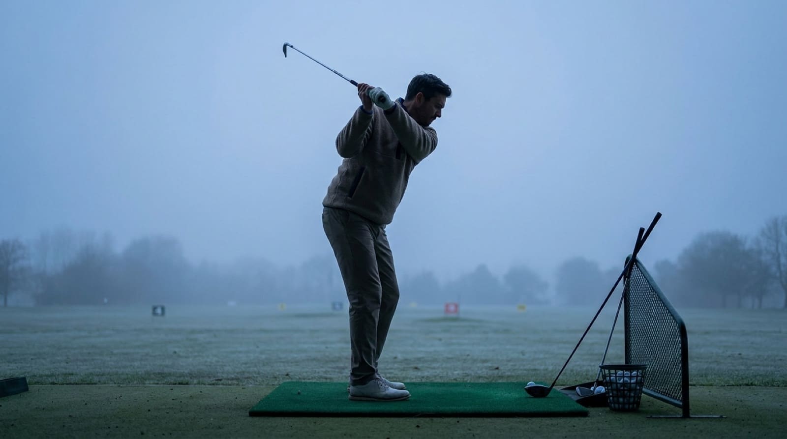 A golfer at the top of the backswing on an empty, misty practice range at dawn, with a driver and irons staged on the mat beside a basket of balls.
