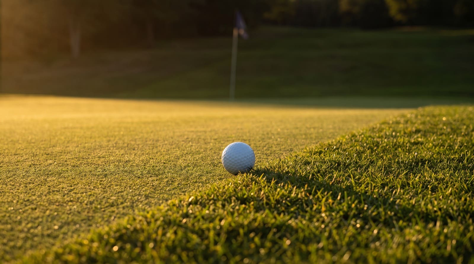 A white golf ball at rest on a tightly mown putting surface in low golden light, sitting right against the transition line where the longer fringe grass begins in the foreground, with the flagstick blurred in the distance behind it