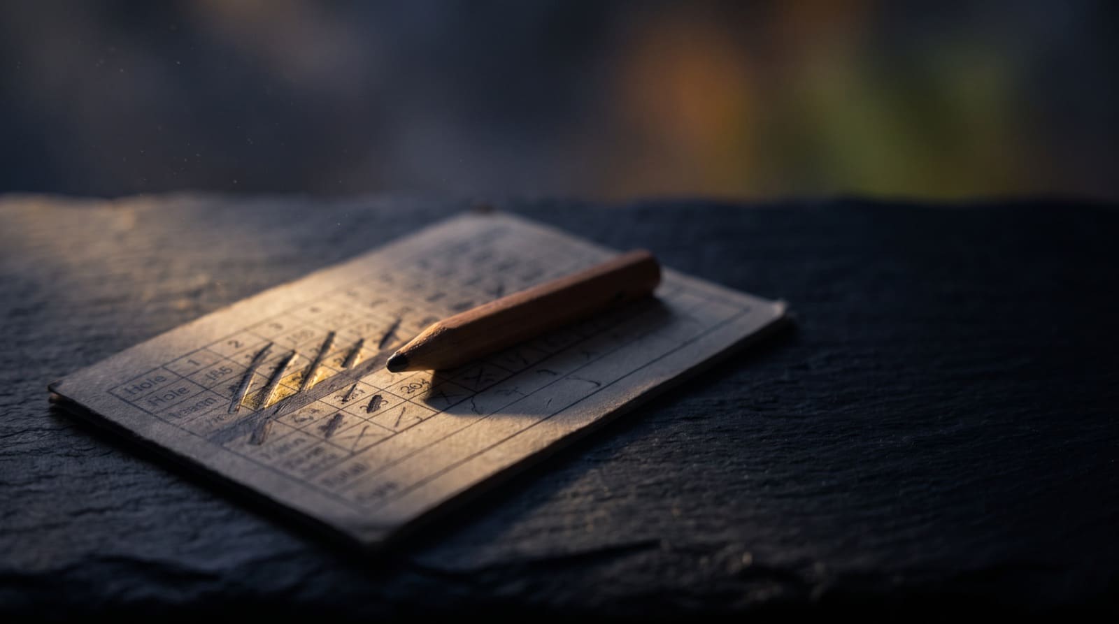 A worn paper golf scorecard on dark slate with a short pencil resting across it, low warm side light picking out a cluster of heavy pencil slashes in the hole boxes while the rest of the card falls into shadow