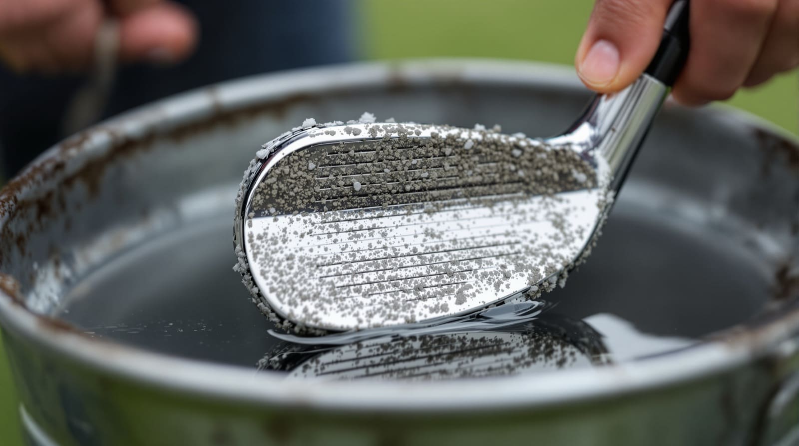 Close-up of a polished chrome golf iron head held face-up over a galvanised bucket of water. The upper half of the clubface and its grooves are caked with pale grey dried dirt, while the lower half has been scrubbed back to bright metal so the groove lines show through. A hand grips the shaft at the top right, and blurred green grass fills the background.