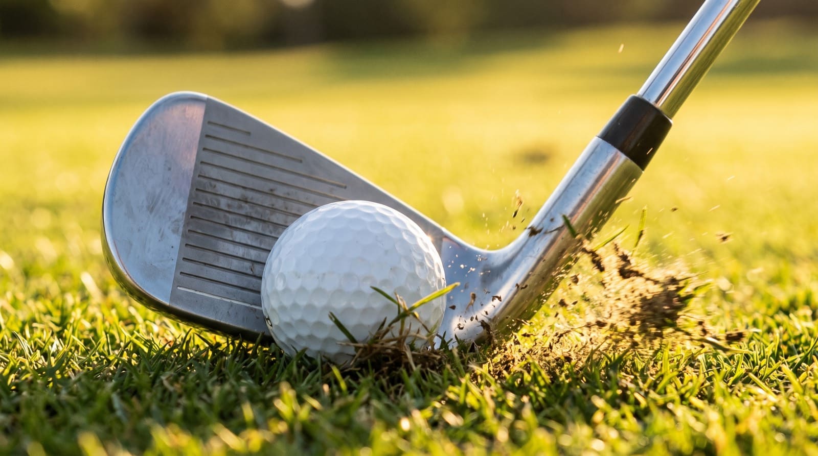 An iron striking the golf ball first with the shaft leaning forward, the clubhead descending and taking a divot that starts ahead of the ball.