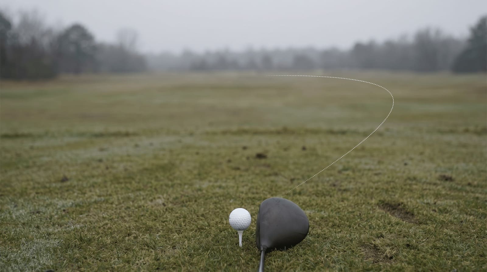 A right-handed golfer's tee shot starting right of the fairway and curving hard left, the flight line of a hook drawn over the hole.