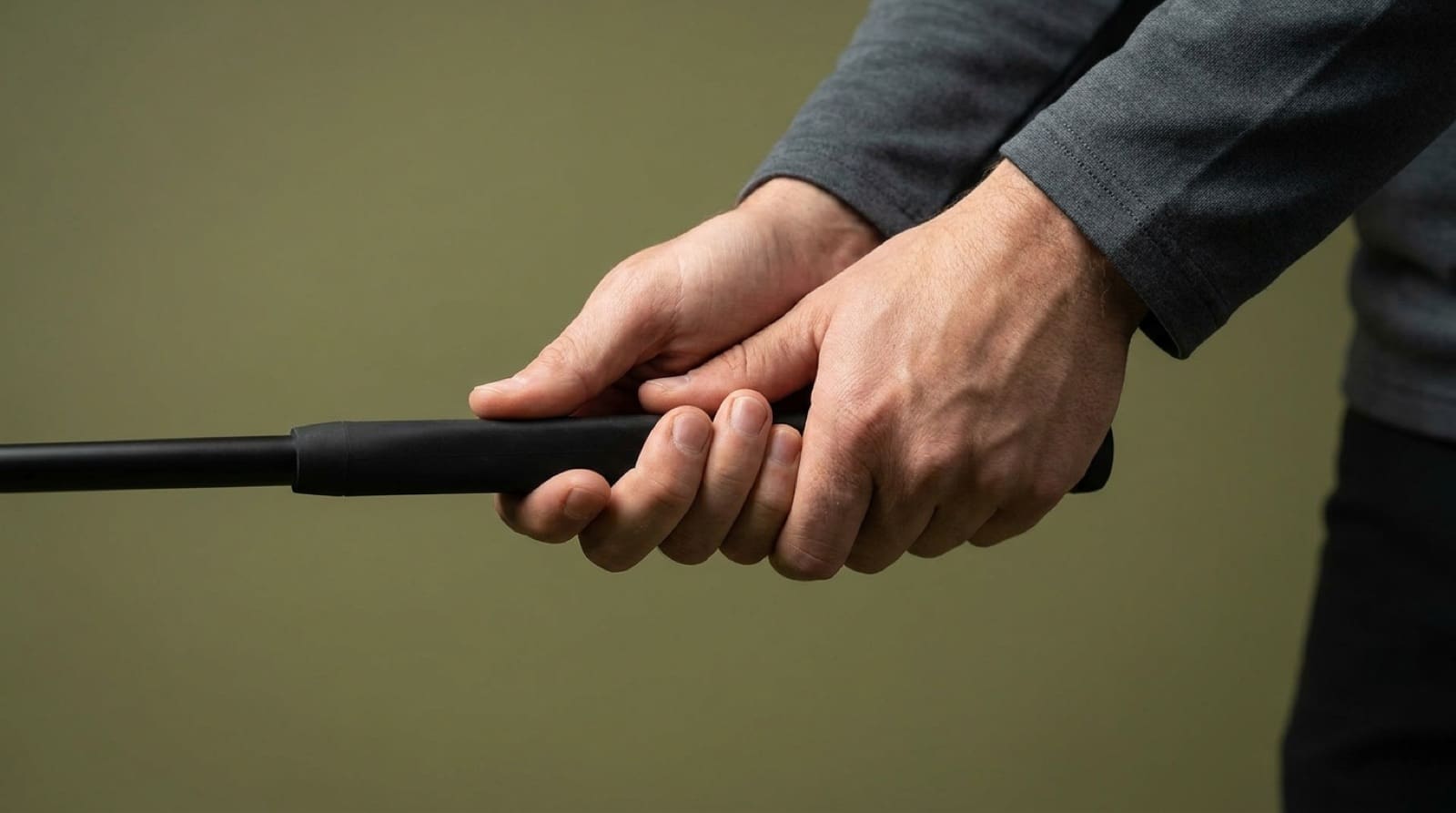 Close-up of a golfer's hands holding a putter in a neutral reverse-overlap grip, thumbs stacked down the flat front of the grip and palms opposing.