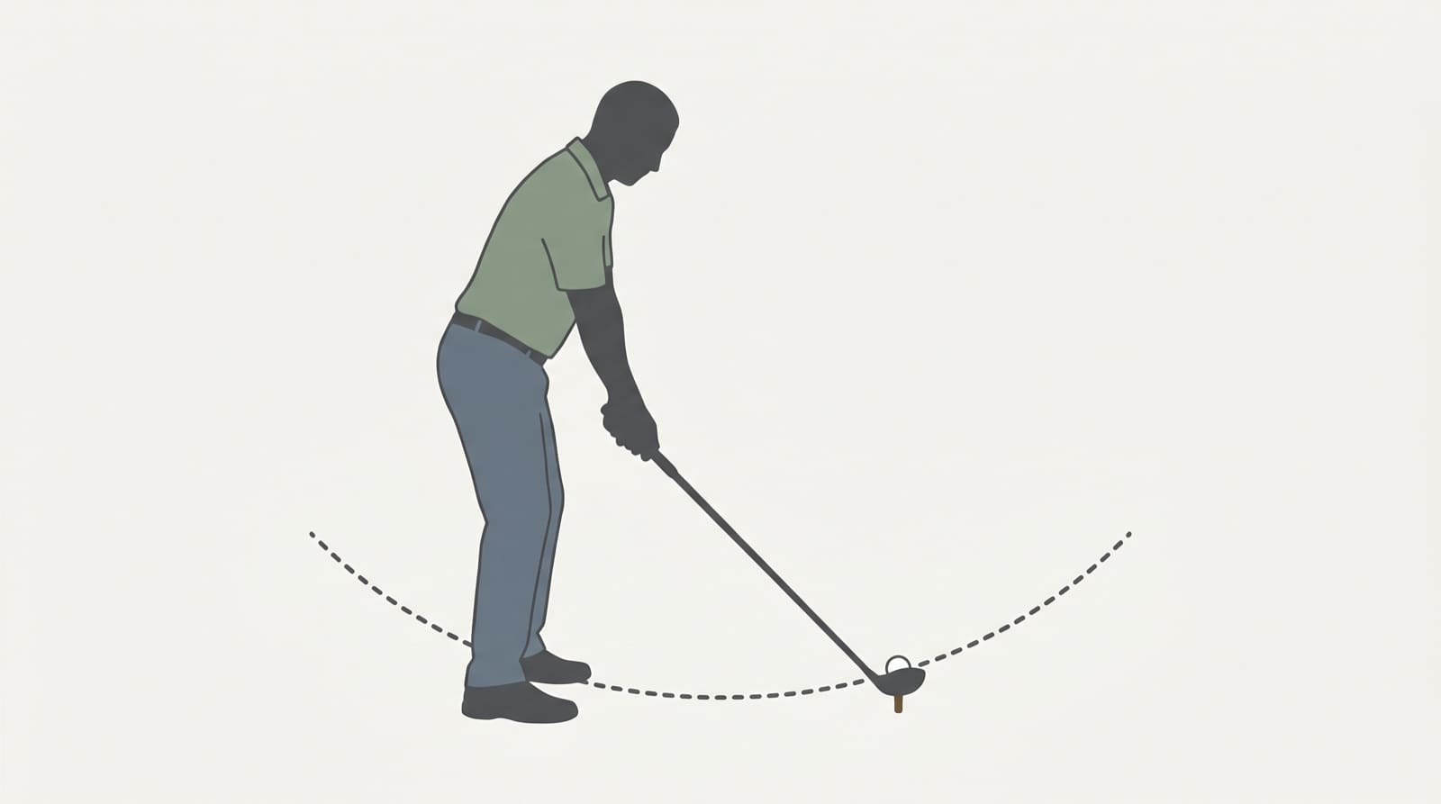 Side-view illustration of a golfer at driver address: the spine tilted slightly away from the target so the trail shoulder sits lower and the head stays behind the ball, the ball teed forward toward the lead foot, and a dotted arc tracing the swing path so its low point sits behind the ball and the clubhead is rising as it reaches the teed ball, the ascending strike a driver needs.