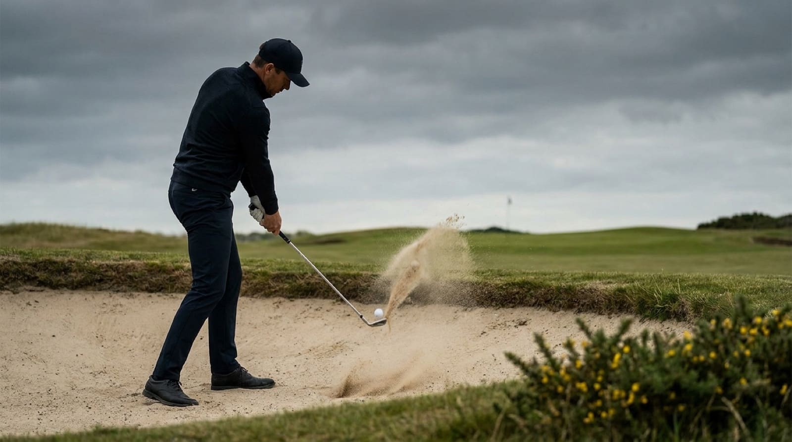 A golfer at impact in a fairway bunker on a links course, a mid-iron catching the ball first with a crisp spray of sand kicking up in front of it, the ball climbing away toward a distant green and flag under a heavy overcast sky.