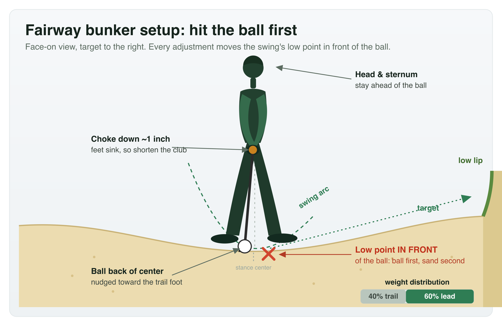 A labeled address-position diagram for a fairway bunker shot, face-on view with the target to the right. A golfer stands over the ball with feet worked shallowly into the sand and choked down about an inch on a mid-iron. Callout arrows mark the key adjustments: the ball positioned back of the stance center toward the trail foot, roughly 60 percent of weight on the lead foot, the head and sternum staying ahead of the ball, and the swing's low point drawn as a red X in the sand just in front of the ball rather than behind it. A dashed swing-arc line shows the clubhead reaching the ball before it bottoms out in the sand.