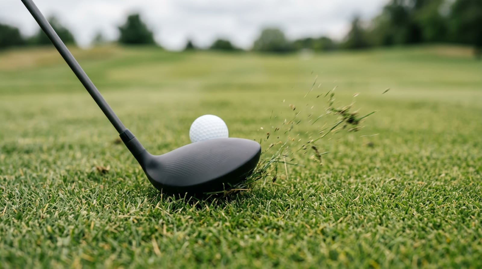 A fairway wood at impact, its rounded sole brushing the turf just past a plain white golf ball as grass sprays forward toward the target, the shallow ball-then-turf strike.
