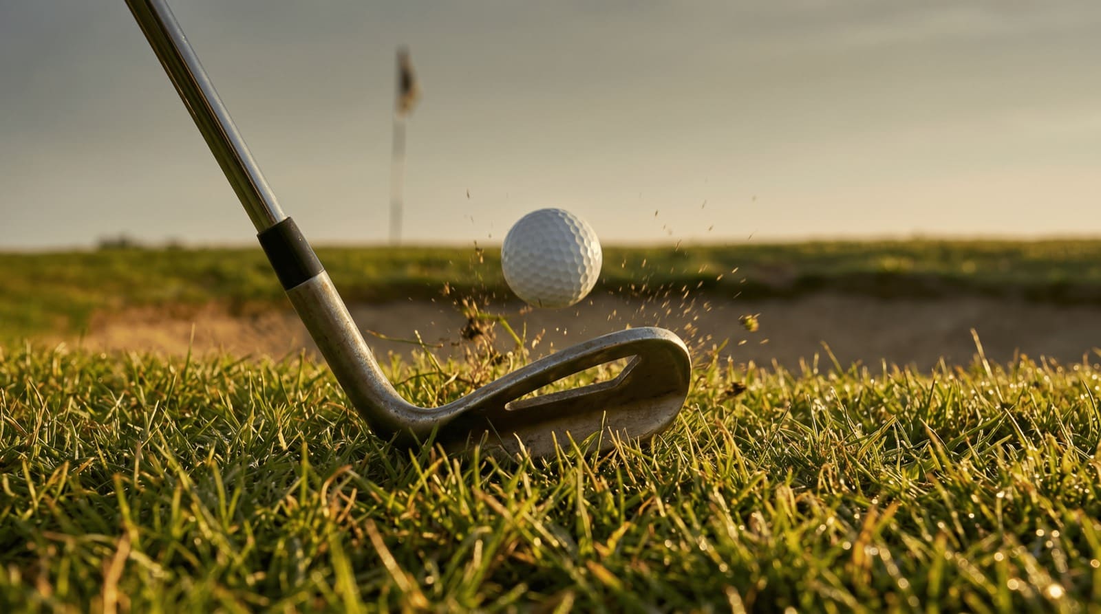 A golfer's open-faced lob wedge sliding under a ball sitting up in greenside rough, the ball launching almost straight up on a steep, soft trajectory toward a tight pin cut just over a bunker.