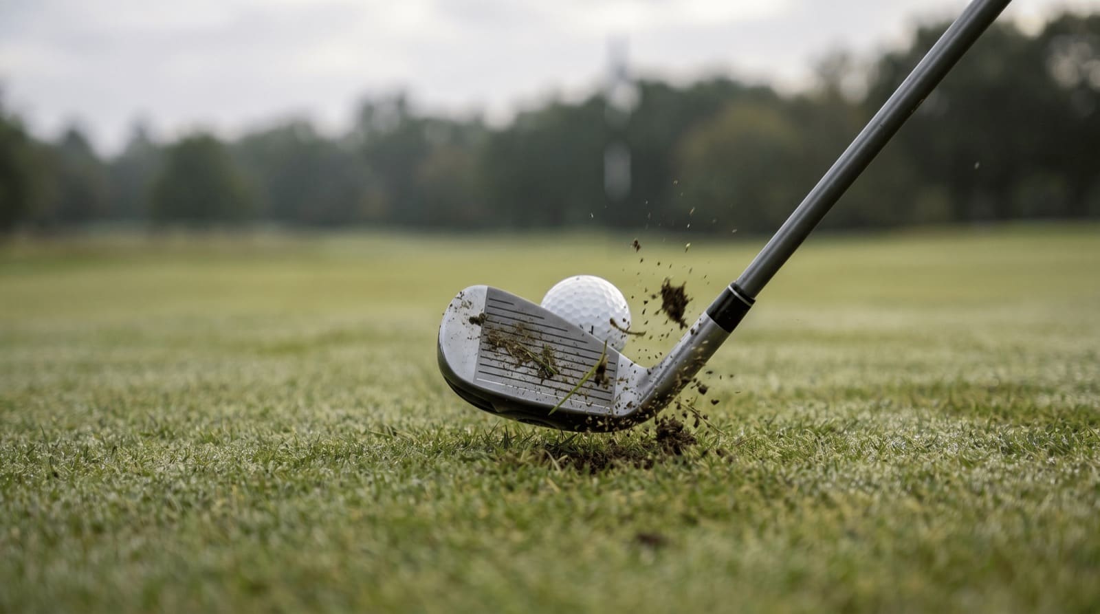 A hybrid at impact off a fairway lie, its rounded sole brushing the turf and taking a shallow divot just past a plain white golf ball, the iron-like descending strike a hybrid is built for.
