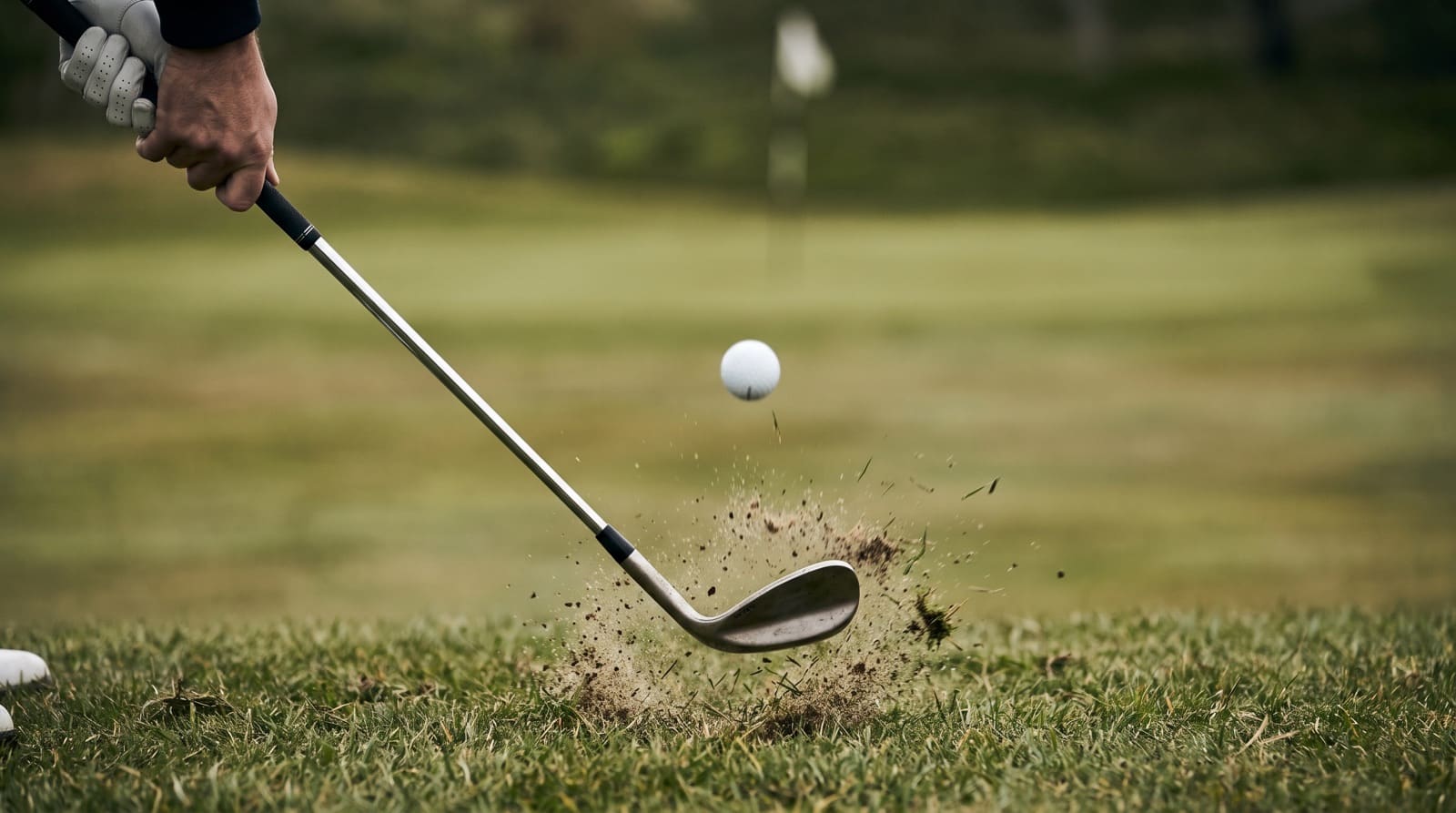 A golfer's sand wedge sliding through short fairway turf just past a plain white golf ball, the ball launching on a medium, soft-landing arc toward a green — the 30-to-80-yard pitch that carries about as far as it rolls.