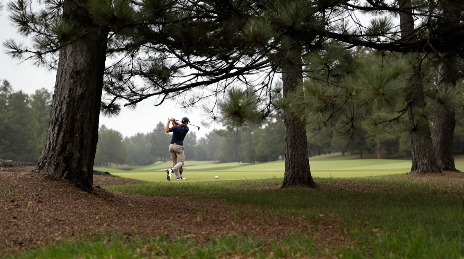 A golfer finishing a low punch shot from the pine straw between tree trunks, the ball already away on a flat line through the gap toward the open fairway under an overcast sky.
