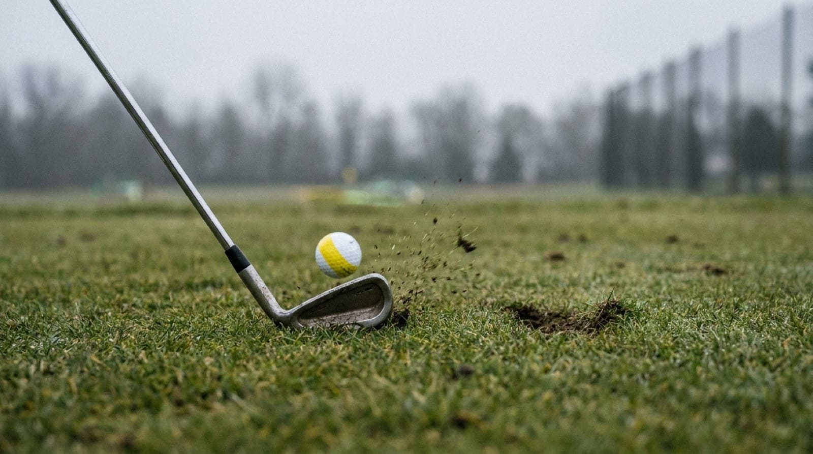 A golfer striking a mid-iron ball-first with a slightly descending clubhead, the divot beginning target-side of where the ball was.