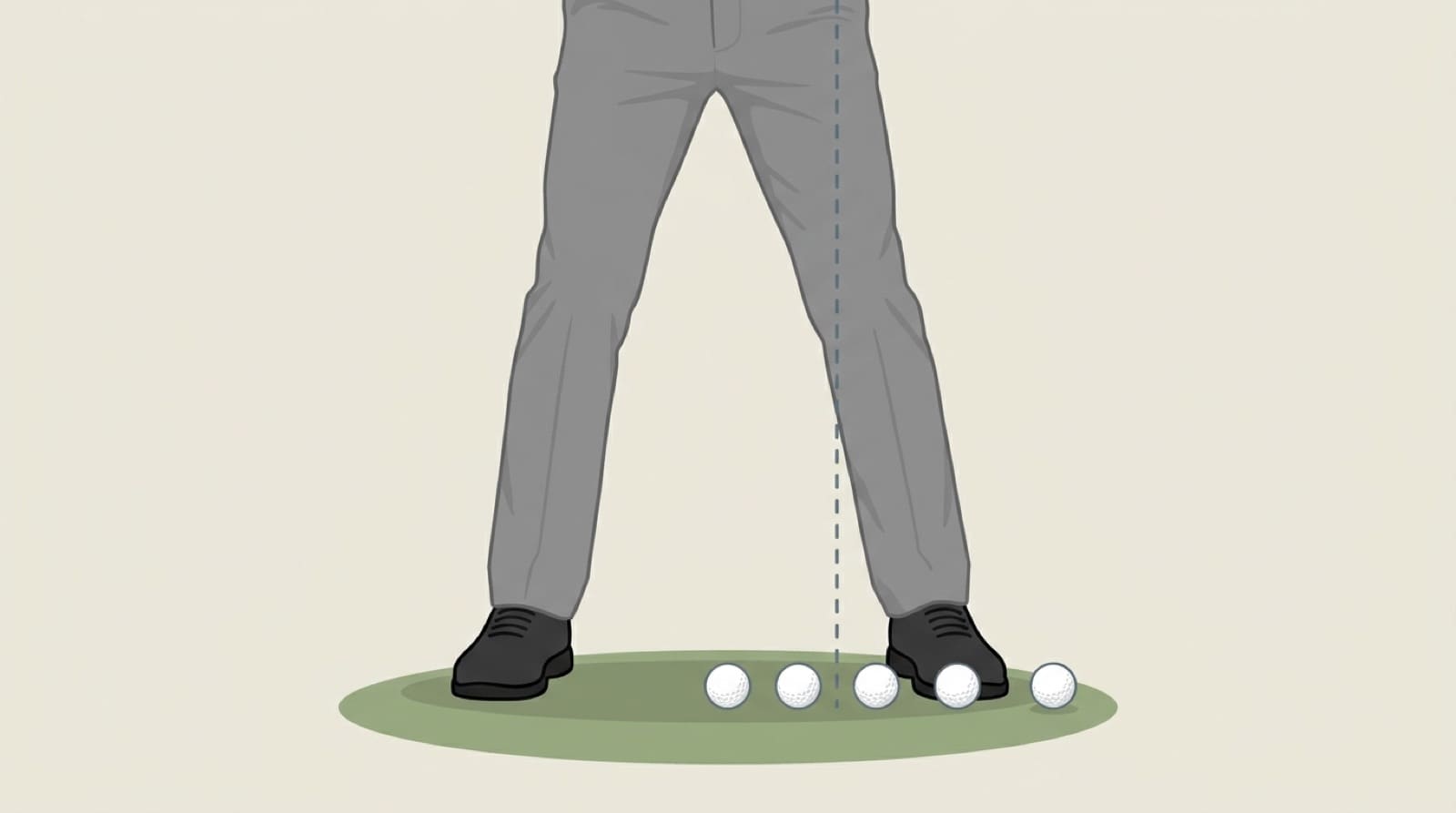 A face-on diagram of a golfer's stance showing iron ball position by club: short irons and wedges played at the center of the stance, mid-irons about one ball forward of center, long irons and hybrids progressively further forward, and the driver off the lead heel. A vertical dashed line dropping from the lead shoulder marks the swing's low point, sitting ahead of every iron ball position so the clubhead is still descending at impact.