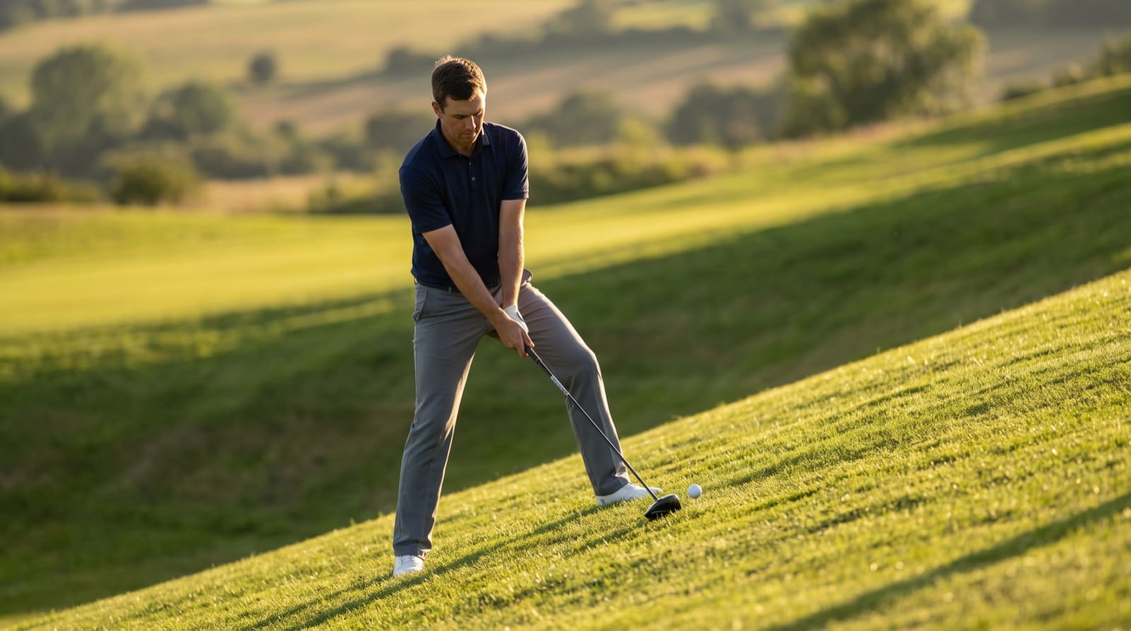 A golfer at address on a steeply sloping fairway in warm late-afternoon light, the ground tilting away beneath a widened stance and the ball resting out on the hillside, with rolling countryside behind — the kind of uneven lie a flat driving range never prepares you for.