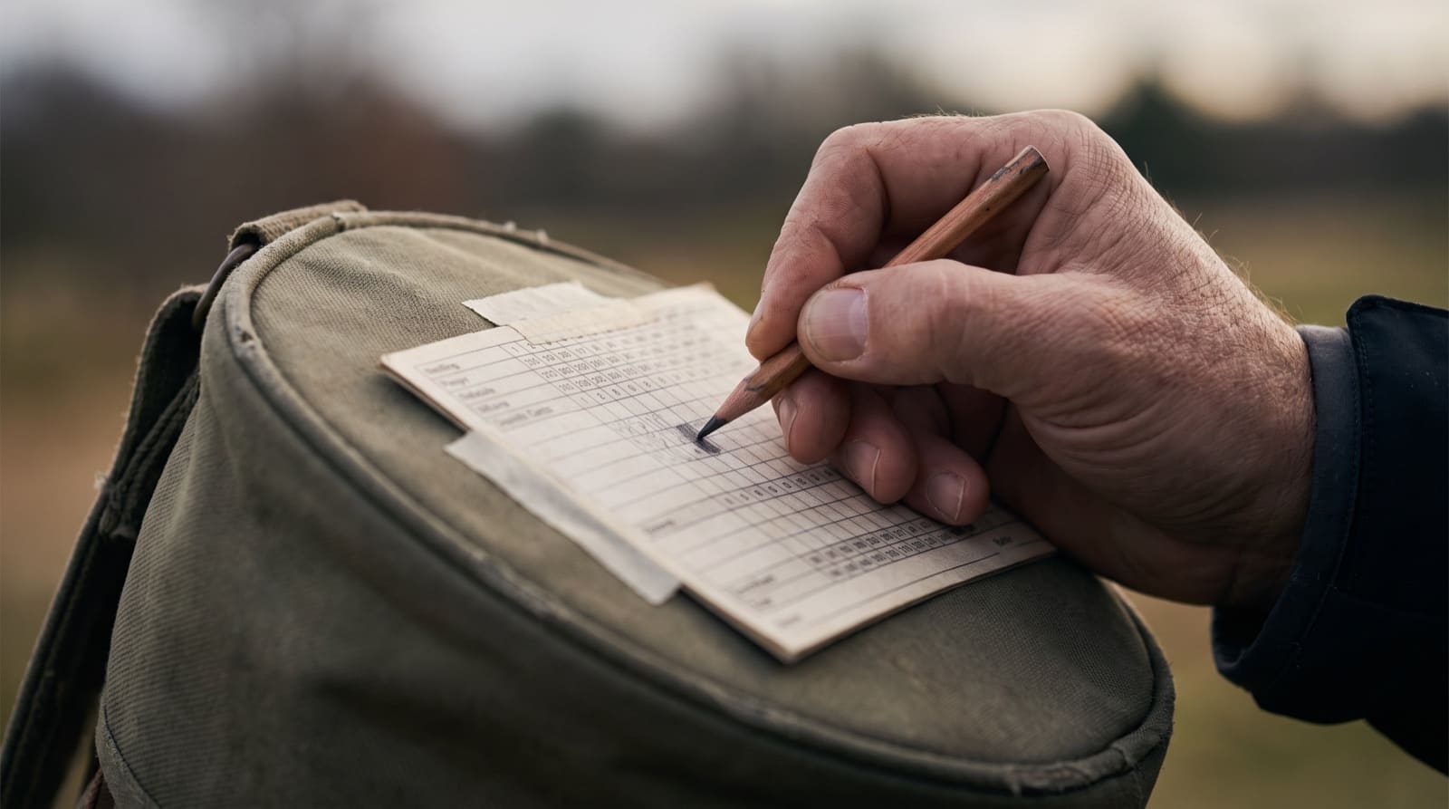 A weathered hand filling in one box on a paper golf scorecard resting on the padded top of a canvas golf bag, a short pencil mid-stroke, in soft overcast daylight