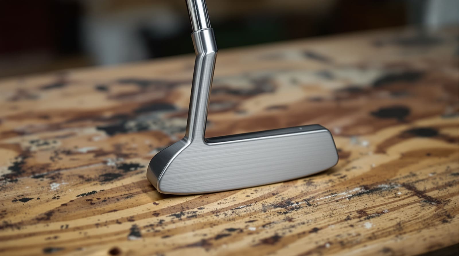 A satin-finished blade putter soled flat on a scarred, paint-spattered light wooden workbench, photographed close and side-on. The milled face and square topline run left to right across the frame, and a plumber's-neck hosel bends up out of the heel into a bright steel shaft that leaves the top of the picture. The workshop behind is thrown out of focus.