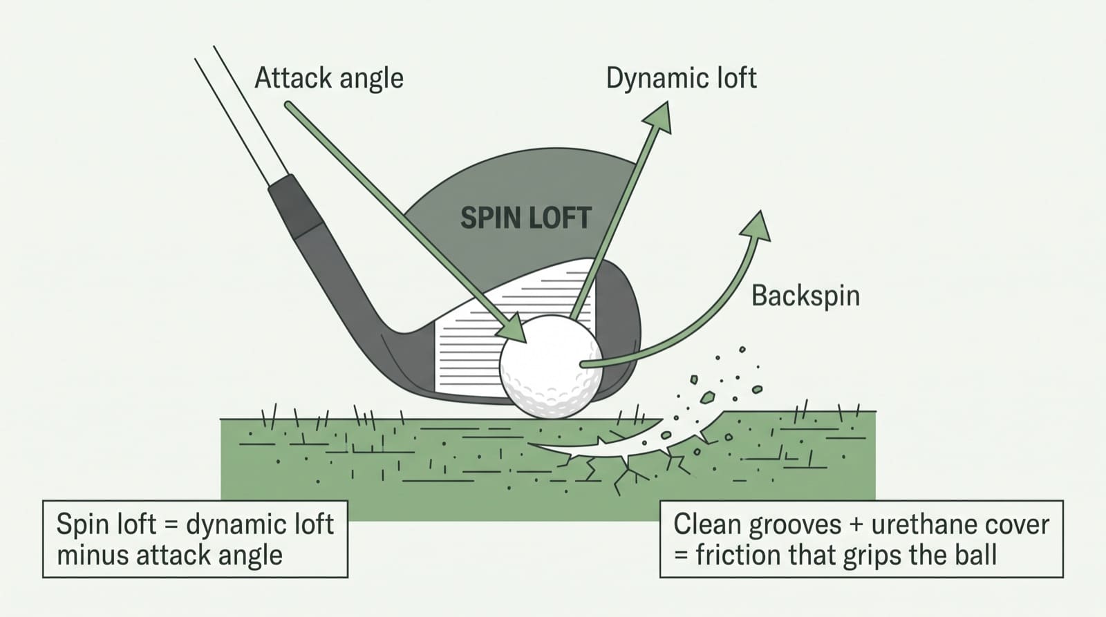 Side-view diagram of a wedge strike that produces backspin: the lofted face is still open and pointing skyward as the clubhead moves down and forward into the ball, the ball is struck first from a clean fairway lie with the divot starting ahead of the ball, and the ball leaves the face rotating backward. A callout notes that spin loft equals dynamic loft minus attack angle, and that friction from clean grooves plus a urethane cover is what grips the ball.