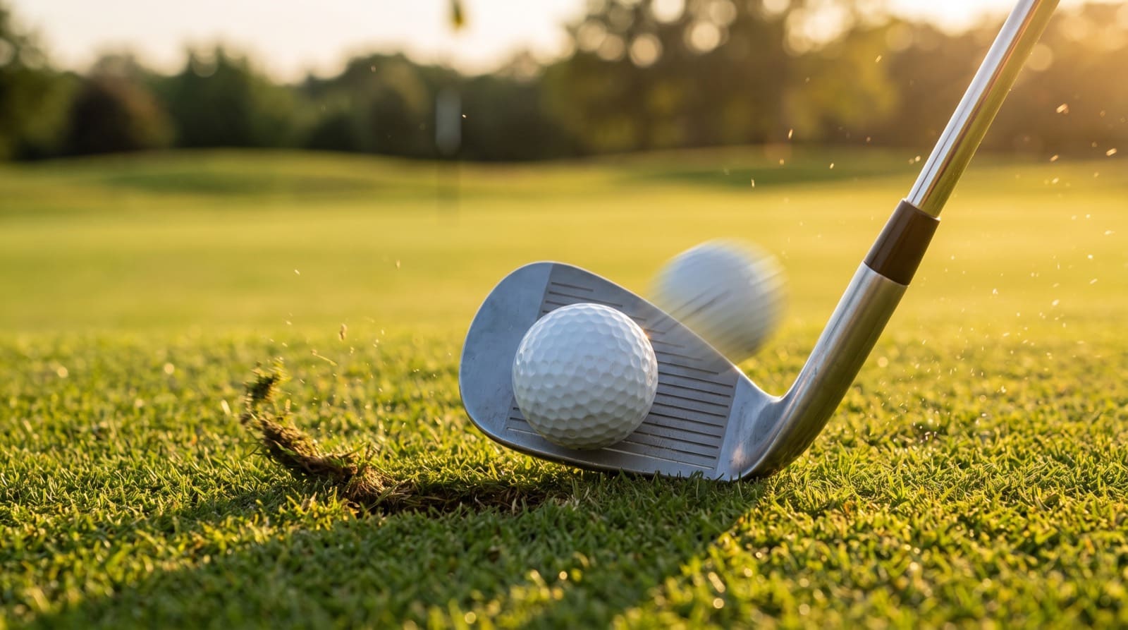 A lofted wedge striking the ball first from a clean fairway lie, grooves gripping the cover, with the ball leaving the face spinning backward and a shallow divot starting ahead of the ball.