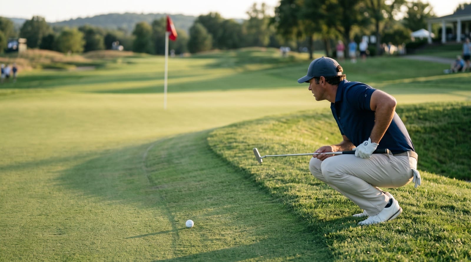 A golfer crouched behind the ball reading the slope of a breaking putt toward the flag on a green in warm late-afternoon light.